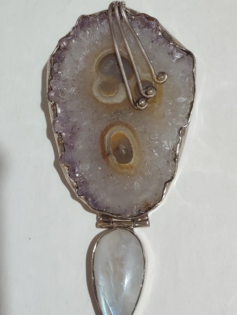 Sterling Silver Amethyst Druzy and Moonstone Pendant - Purple and White